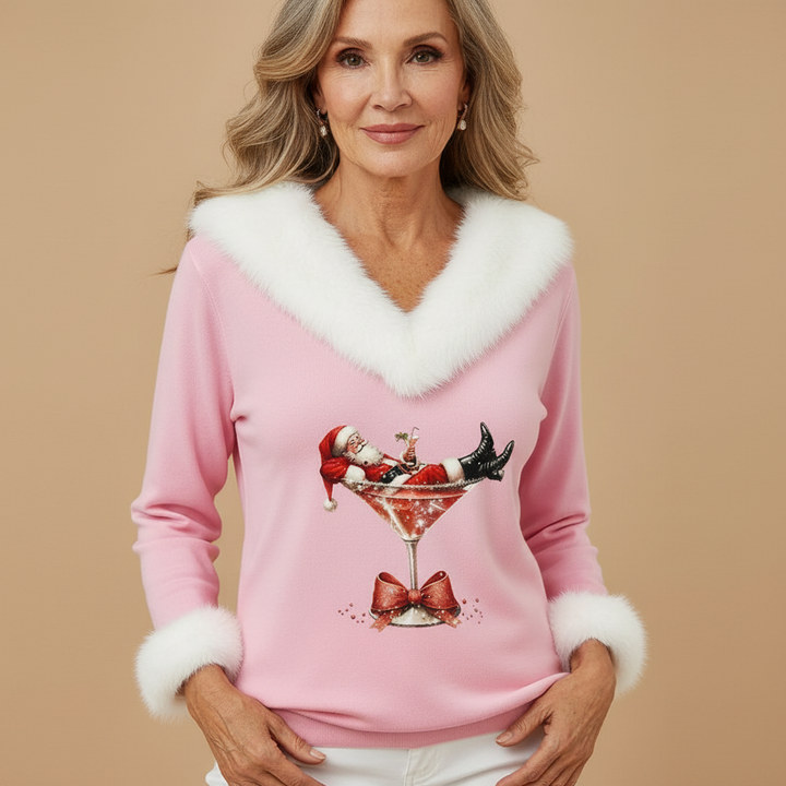 Women's Velour Knit Christmas Sweater with Fur Trim V-Neck