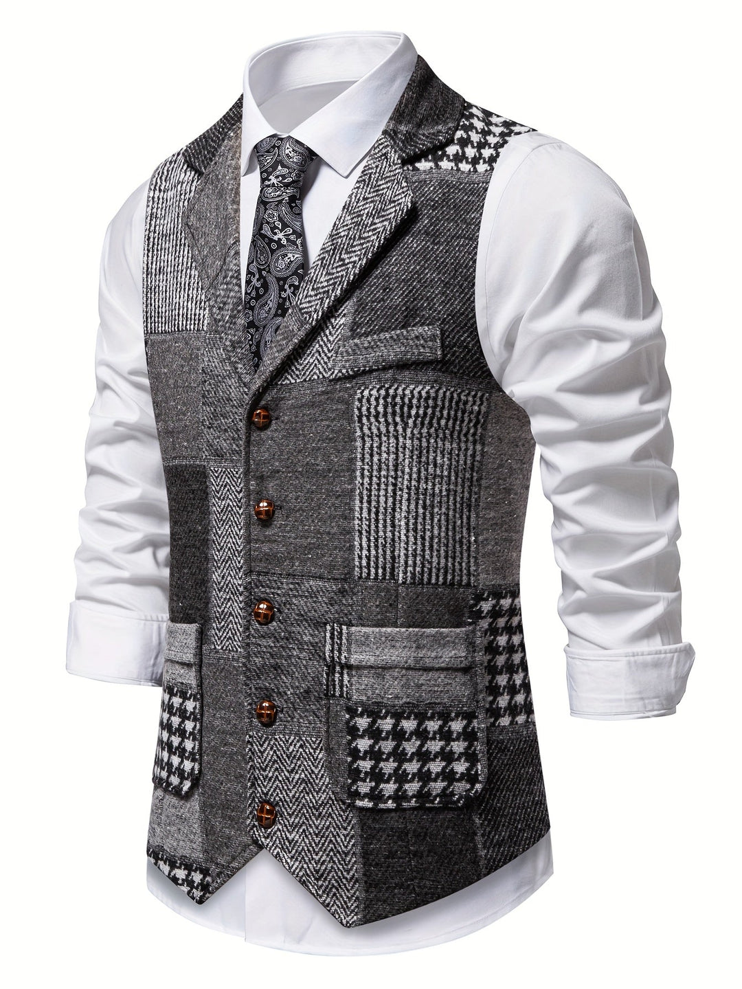 Men's Patchwork Tweed Suit Vest with Notch Lapel