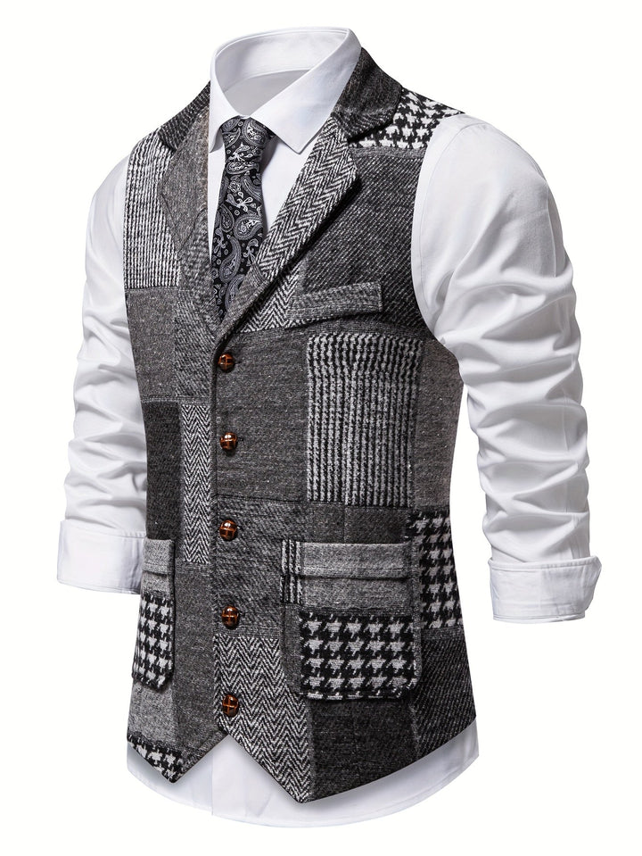 Men's Patchwork Tweed Suit Vest with Notch Lapel