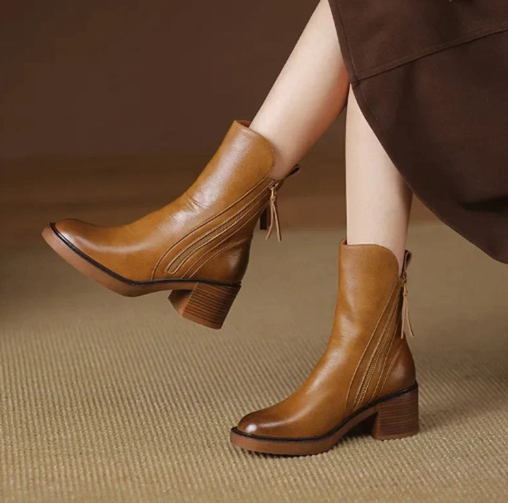 Women's Leather Block Heel Ankle Boots with Side Zipper