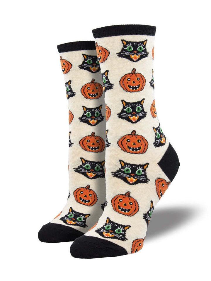 Halloween Pumpkin Witch Crew Socks with Maple Leaf Print