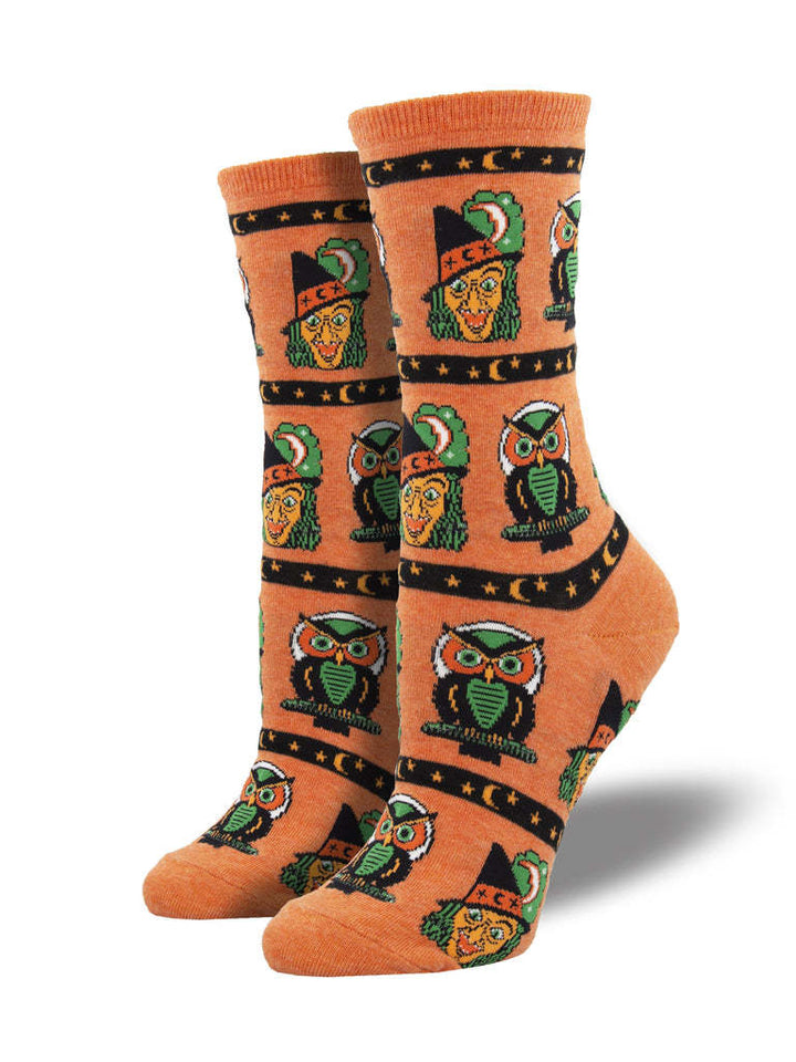 Halloween Pumpkin Witch Crew Socks with Maple Leaf Print