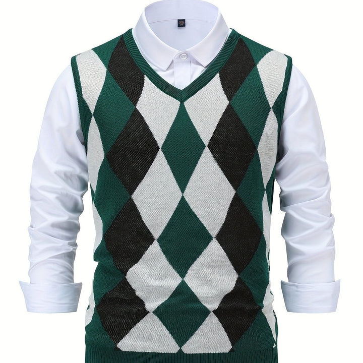 Men's Argyle Knit Sweater Vest with V-Neck