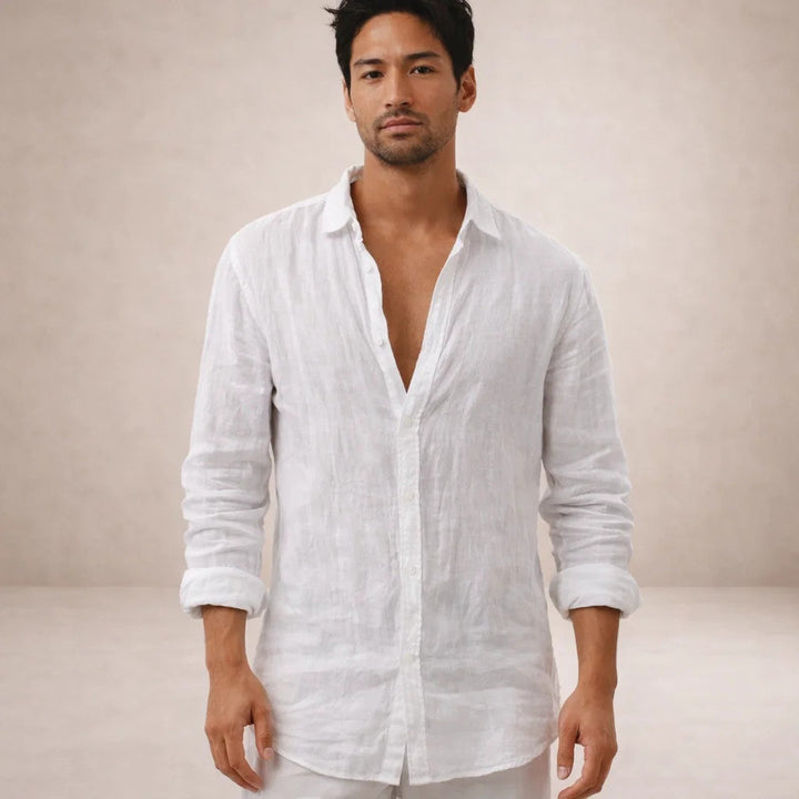 Men's Linen Button-Down Shirt with Spread Collar
