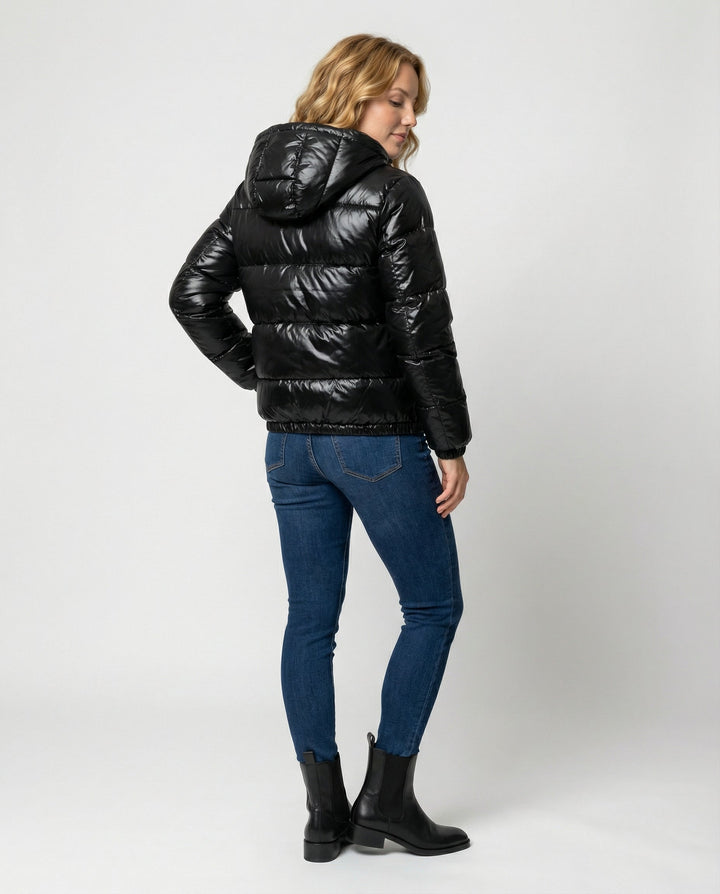 Women's Glossy Puffer Jacket with Hood