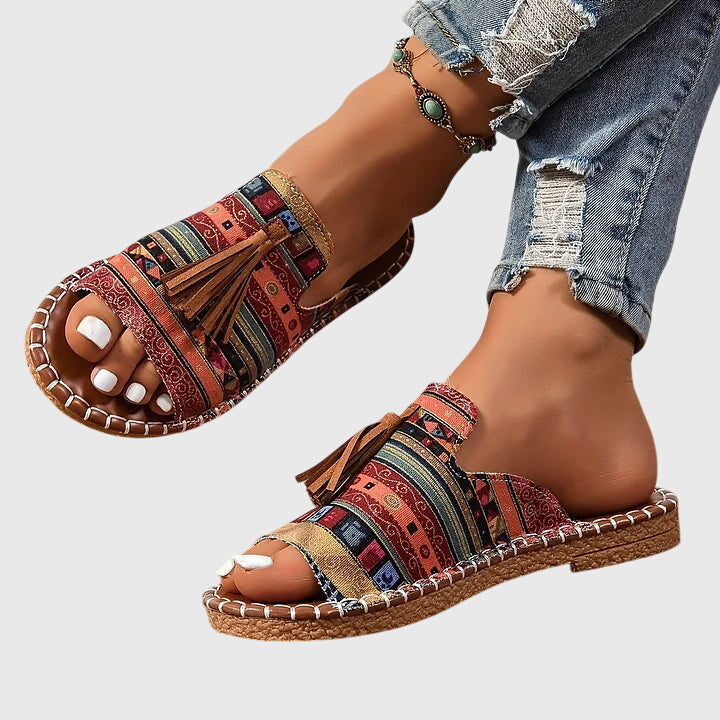 Women's Tasseled Animal Print Slide Sandals