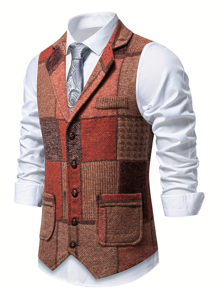 Men's Patchwork Tweed Suit Vest with Notch Lapel