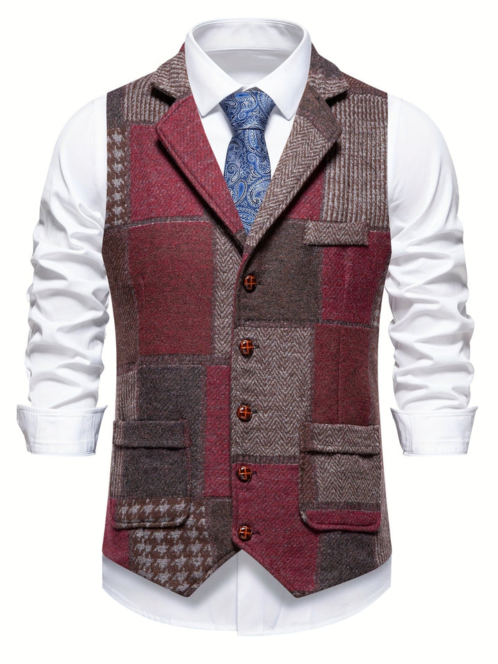 Men's Patchwork Tweed Suit Vest with Notch Lapel