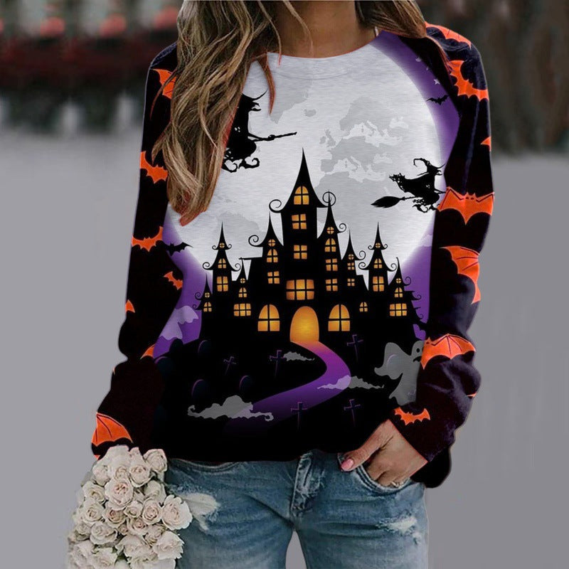 Women's Witch Print Halloween Sweatshirt with Bat Sleeves