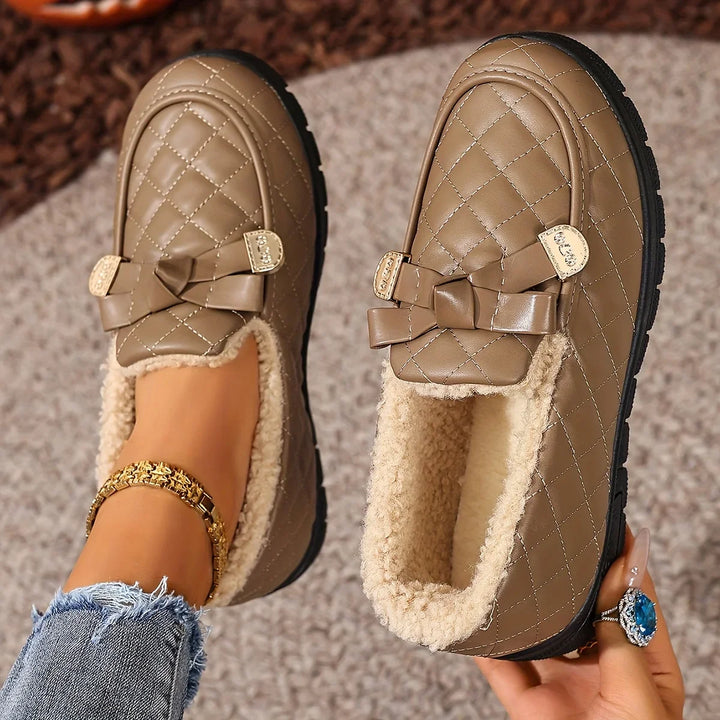 Women's Quilted Fur-Trim Loafers with Bow Detail