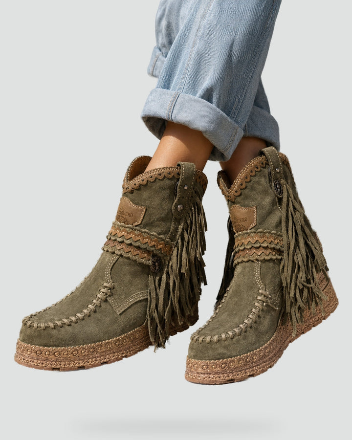 Women's Suede-Look Boho Booties with Fringe Trim