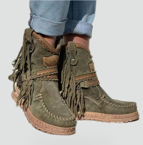 Women's Suede-Look Boho Booties with Fringe Trim