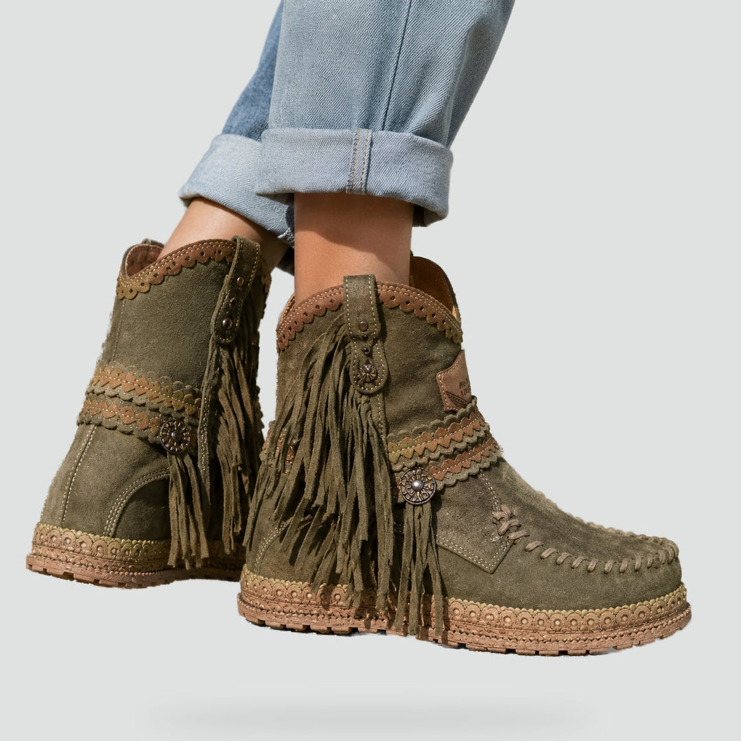 Women's Suede-Look Boho Booties with Fringe Trim