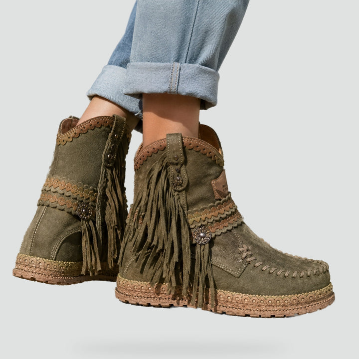 Women's Suede-Look Boho Booties with Fringe Trim