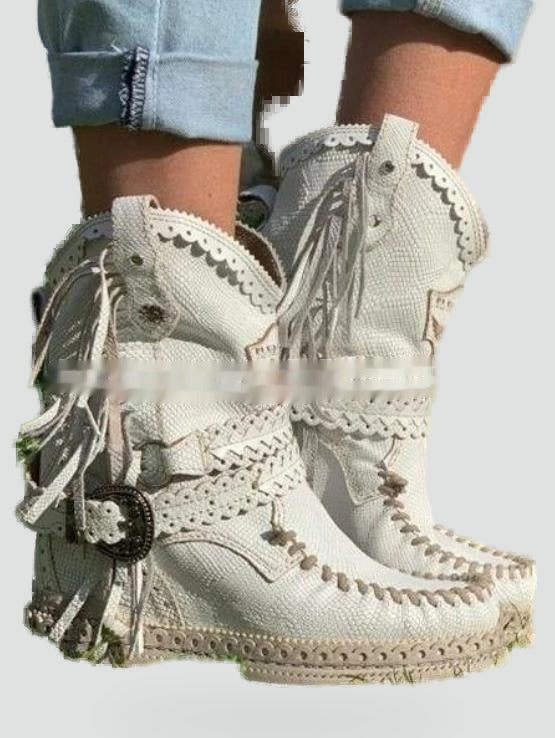 Women's Suede-Look Boho Booties with Fringe Trim