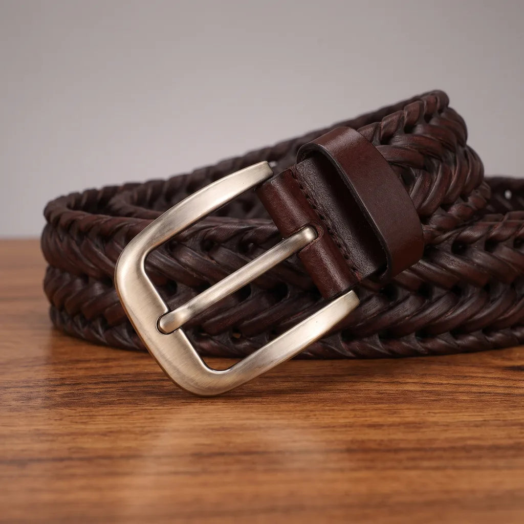 Men's Braided Leather Belt with Brushed Buckle