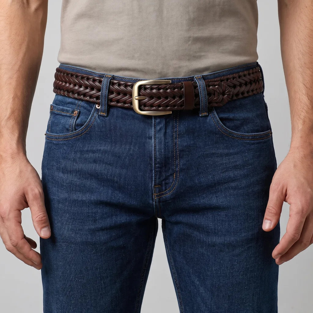 Men's Braided Leather Belt with Brushed Buckle