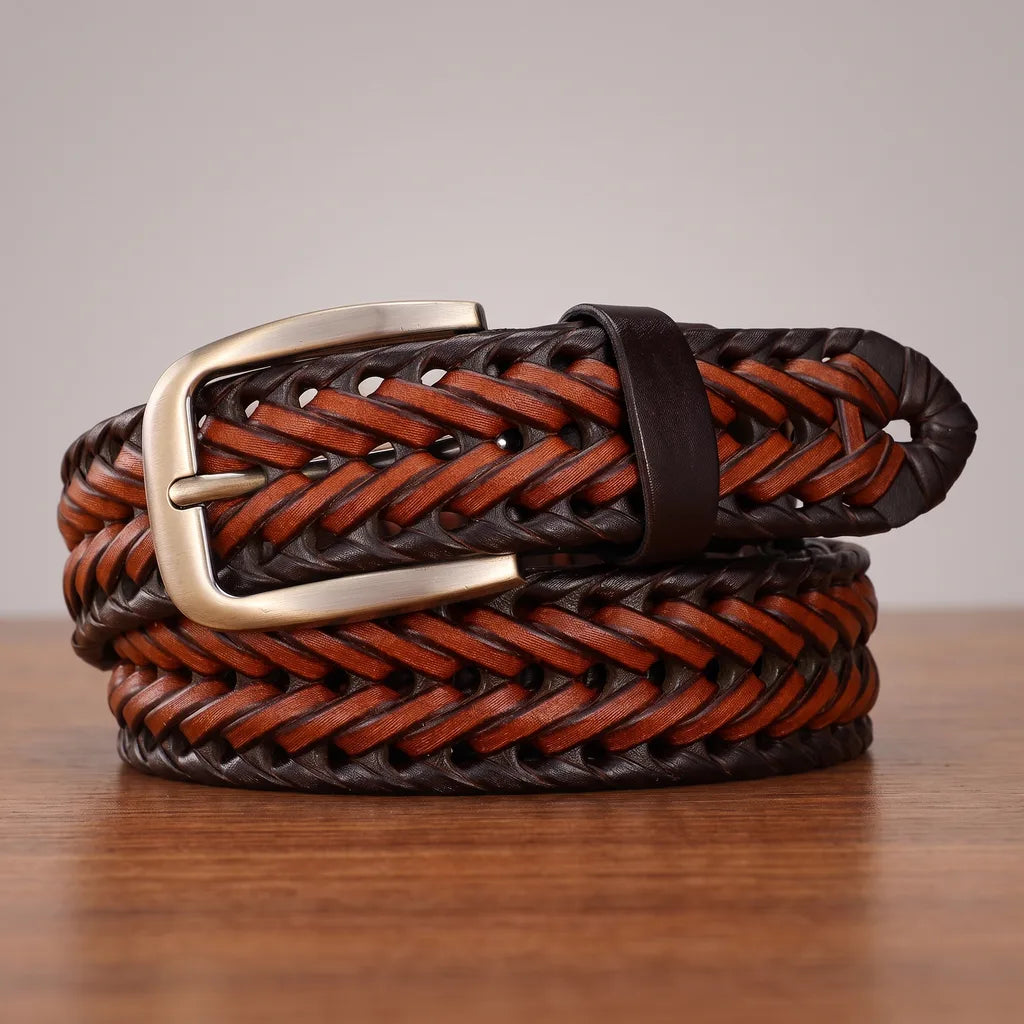 Men's Braided Leather Belt with Brushed Buckle
