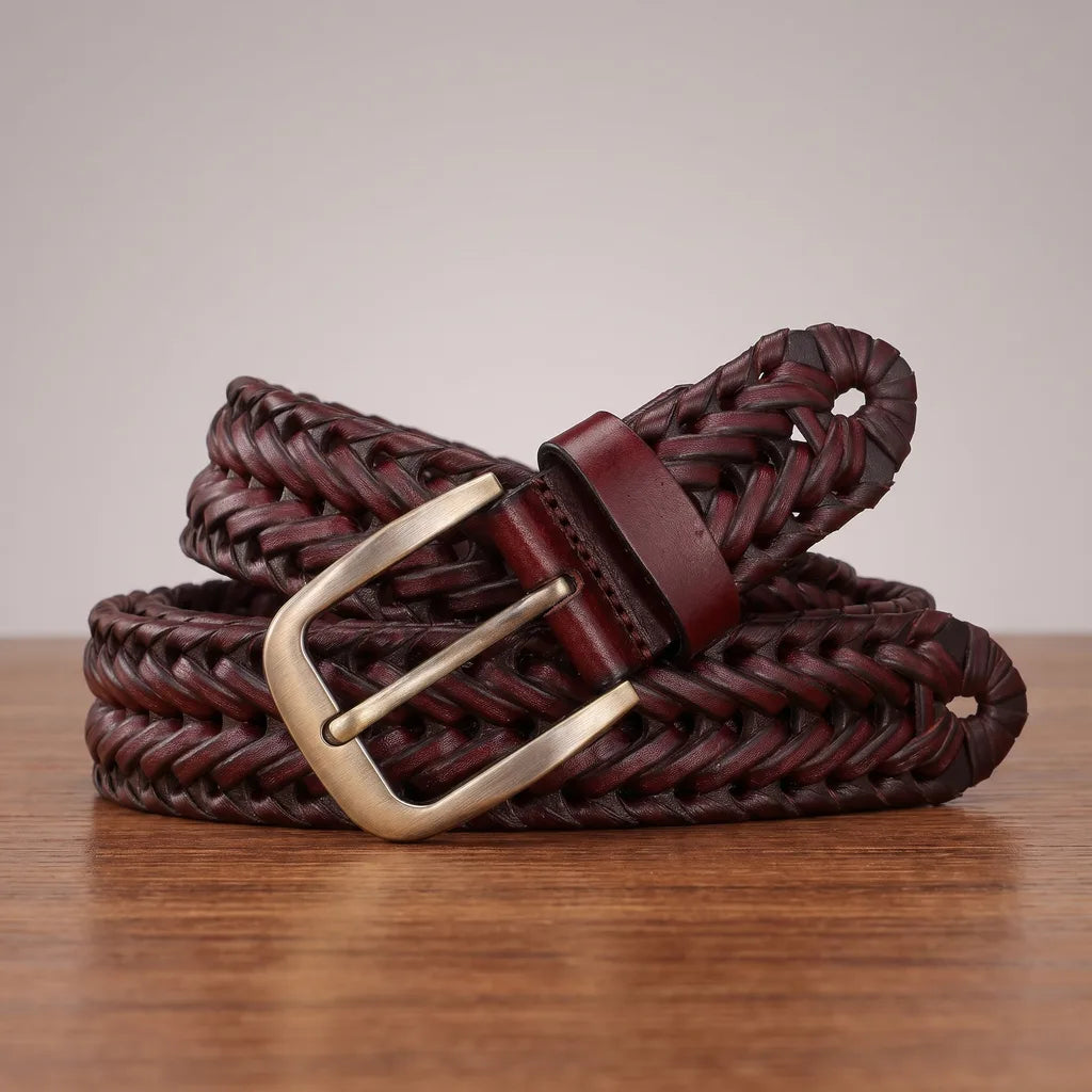 Men's Braided Leather Belt with Brushed Buckle