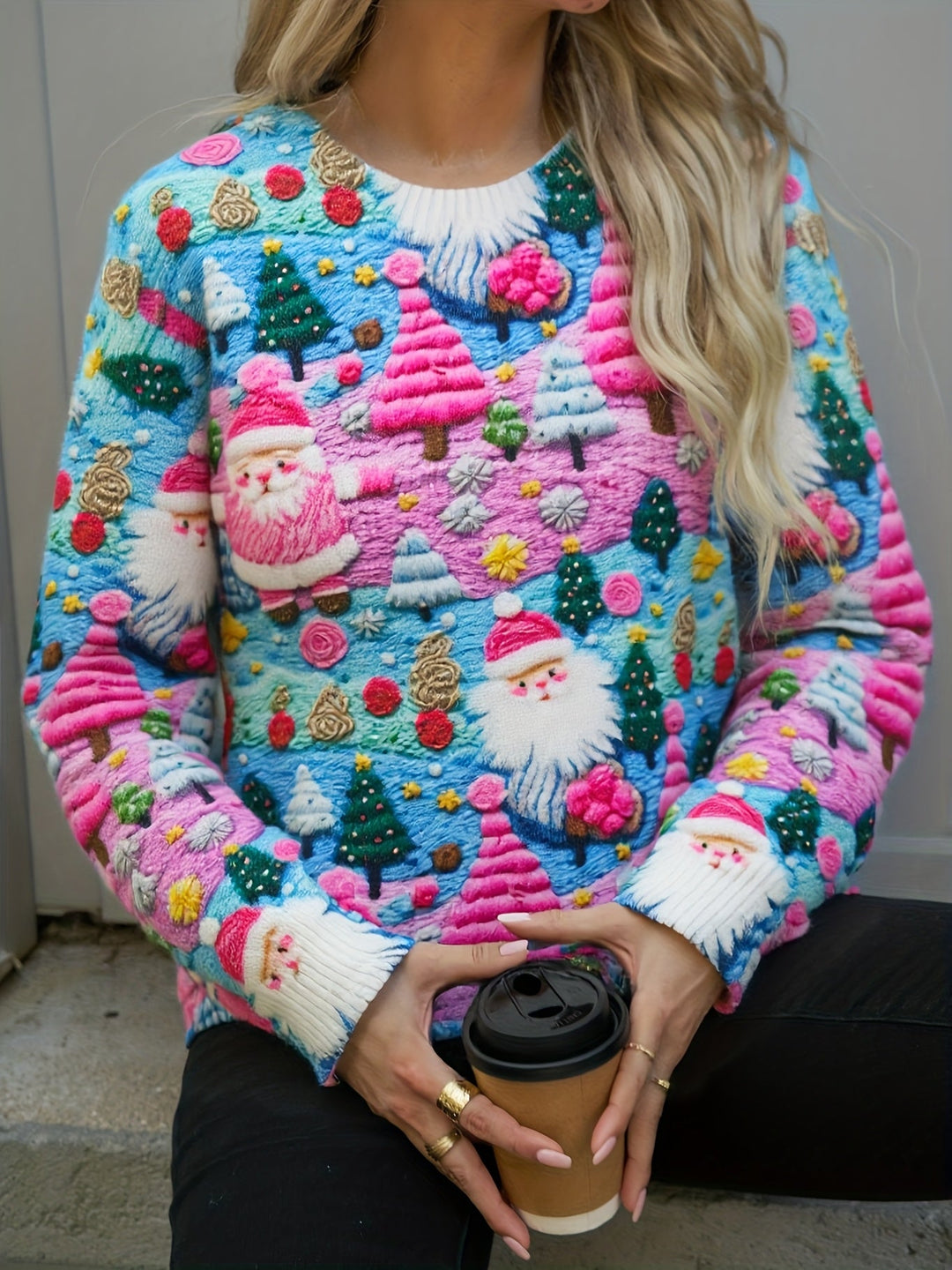 Women's Embroidered Santa Christmas Sweater Oversized Fit