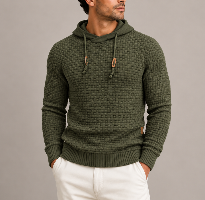 Men's Basketweave Knit Pullover Hoodie with Ribbed Cuffs