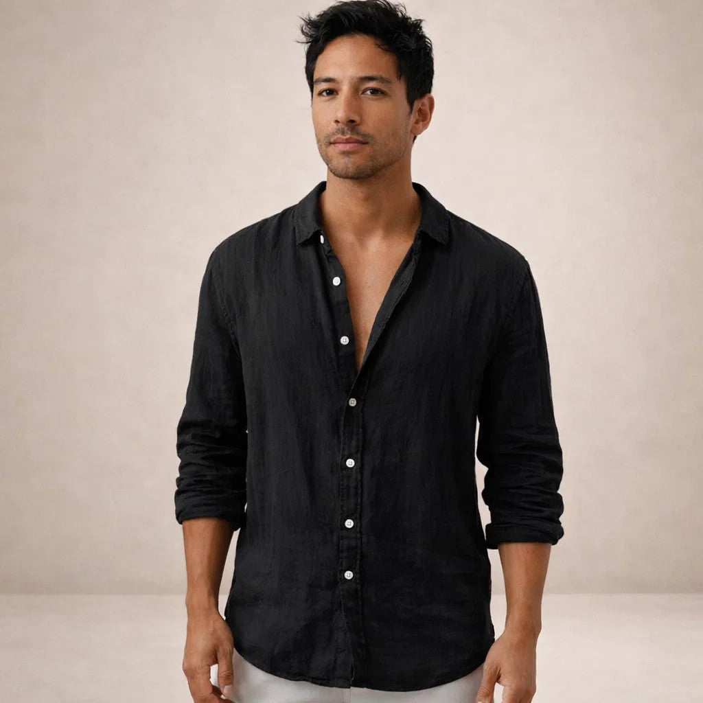 Men's Linen Button-Down Shirt with Spread Collar