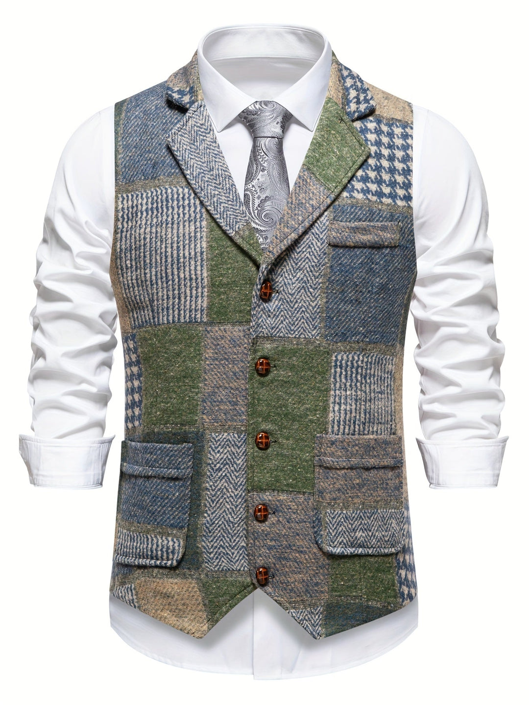 Men's Patchwork Tweed Suit Vest with Notch Lapel