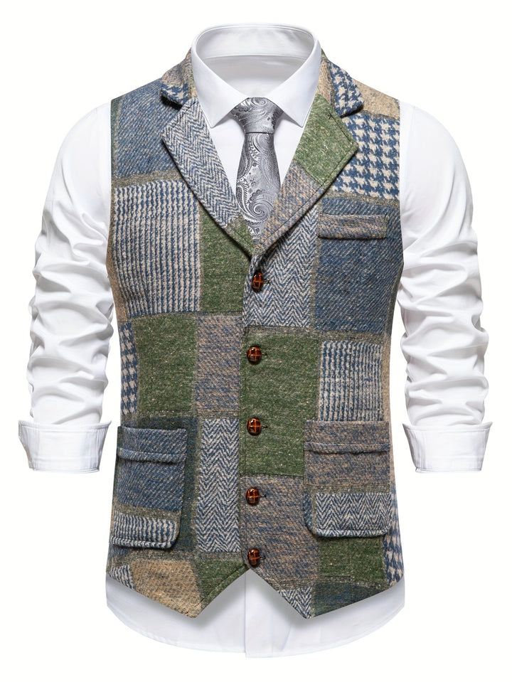 Men's Patchwork Tweed Suit Vest with Notch Lapel