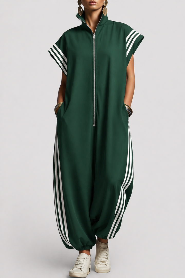 Women's Zip-Up Sleeveless Jumpsuit with Stripe Detail