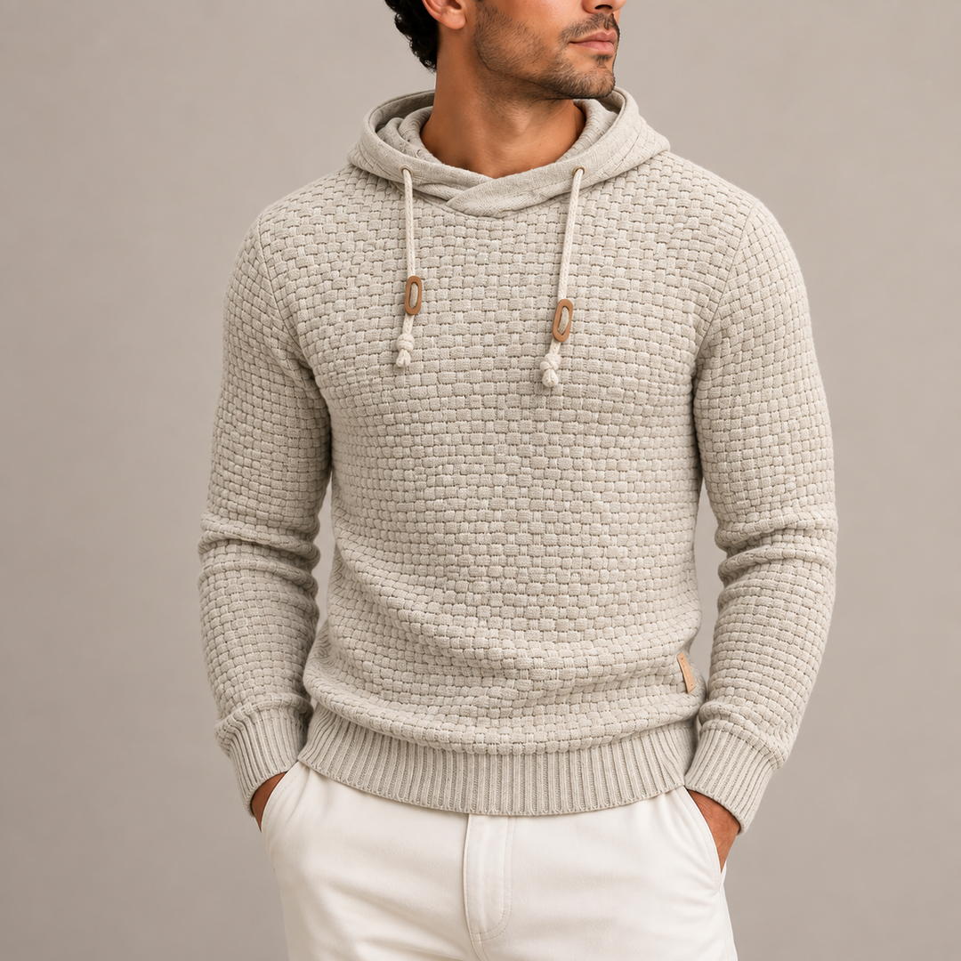 Men's Basketweave Knit Pullover Hoodie with Ribbed Cuffs