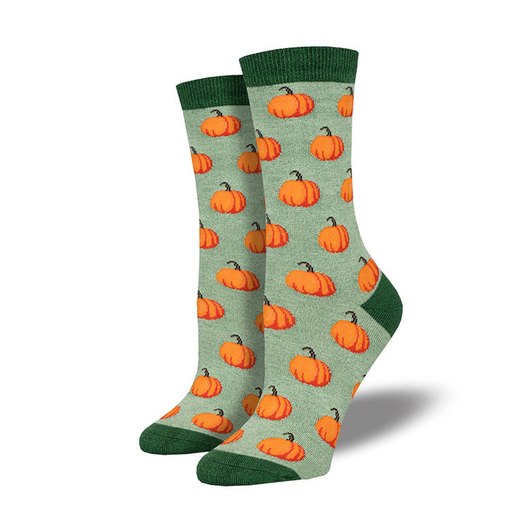 Halloween Pumpkin Witch Crew Socks with Maple Leaf Print