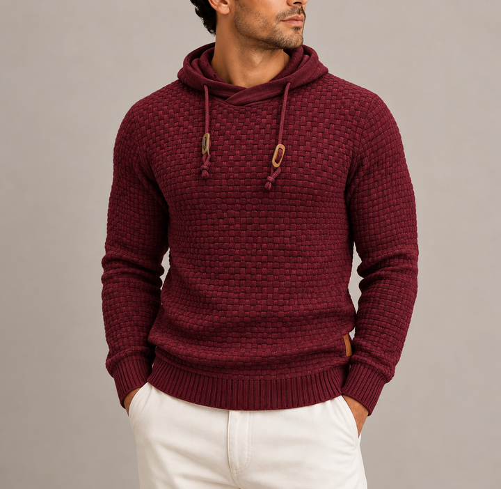 Men's Basketweave Knit Pullover Hoodie with Ribbed Cuffs