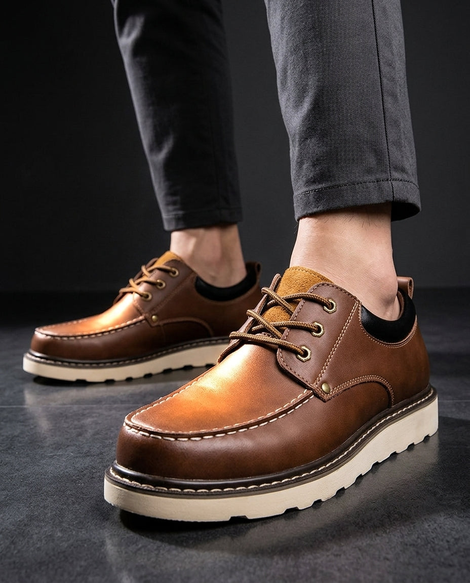 Men's Leather Moc Toe Lace-Up Shoes with Suede Trim