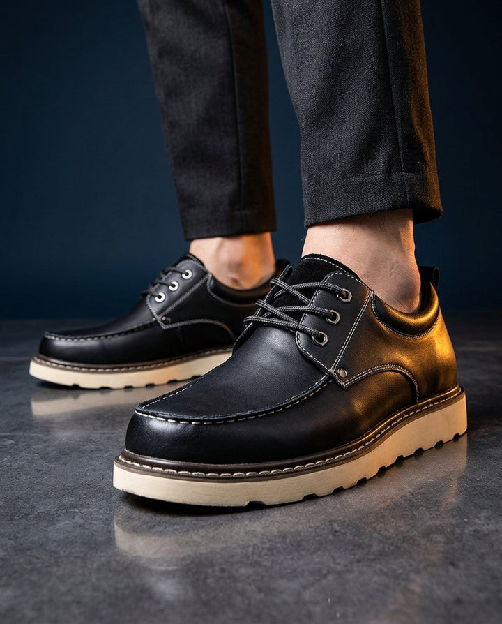 Men's Leather Moc Toe Lace-Up Shoes with Suede Trim