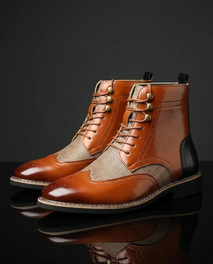 Men's Leather Wingtip Brogue Boots with Lace-Up Front
