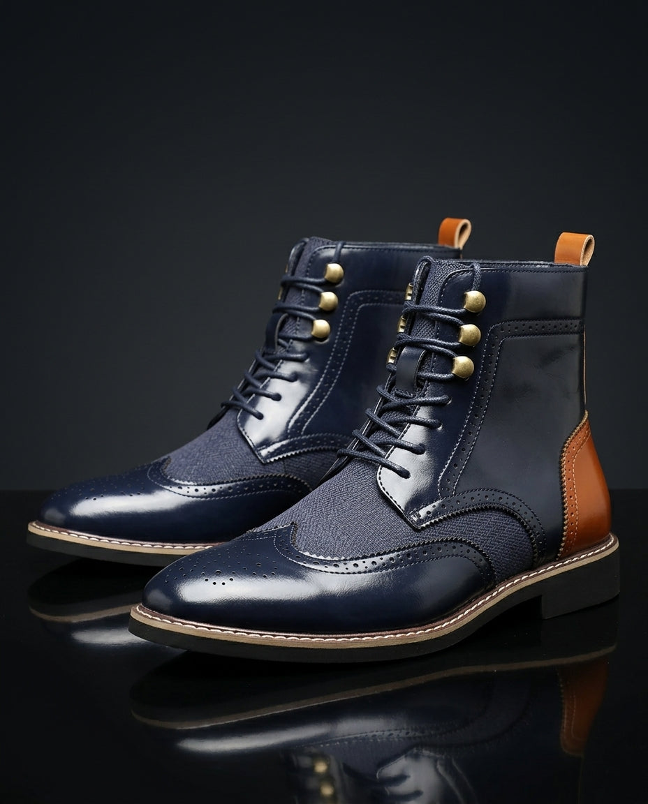 Men's Leather Wingtip Brogue Boots with Lace-Up Front