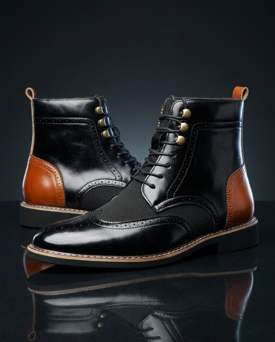 Men's Leather Wingtip Brogue Boots with Lace-Up Front