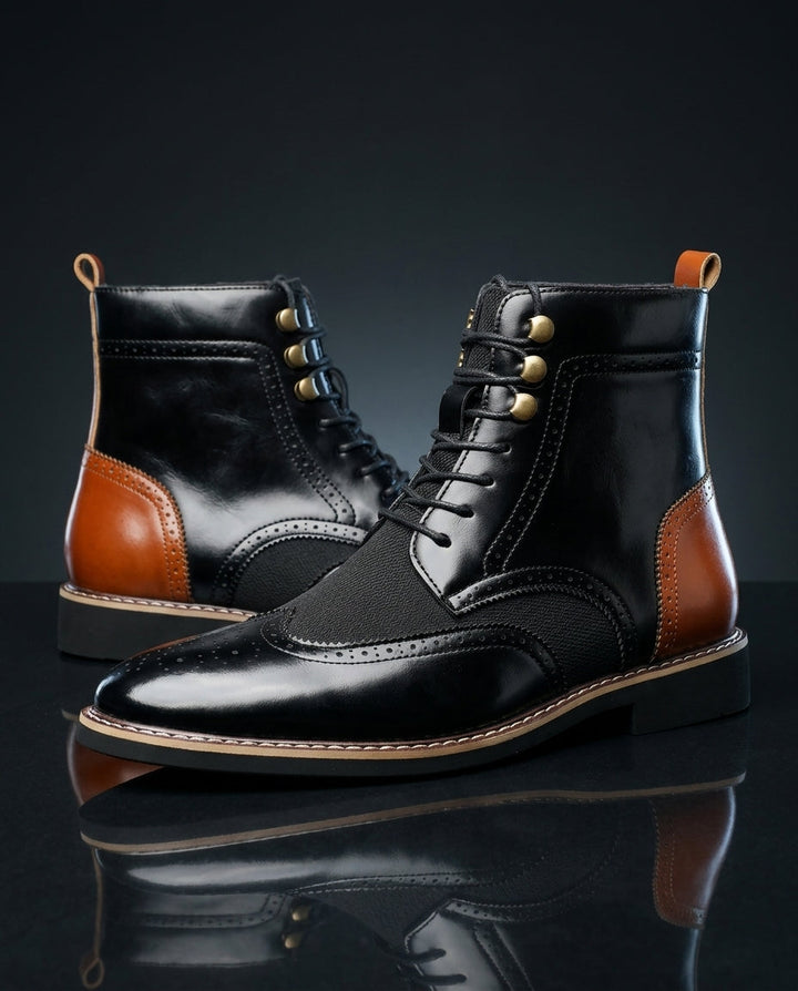 Men's Leather Wingtip Brogue Boots with Lace-Up Front