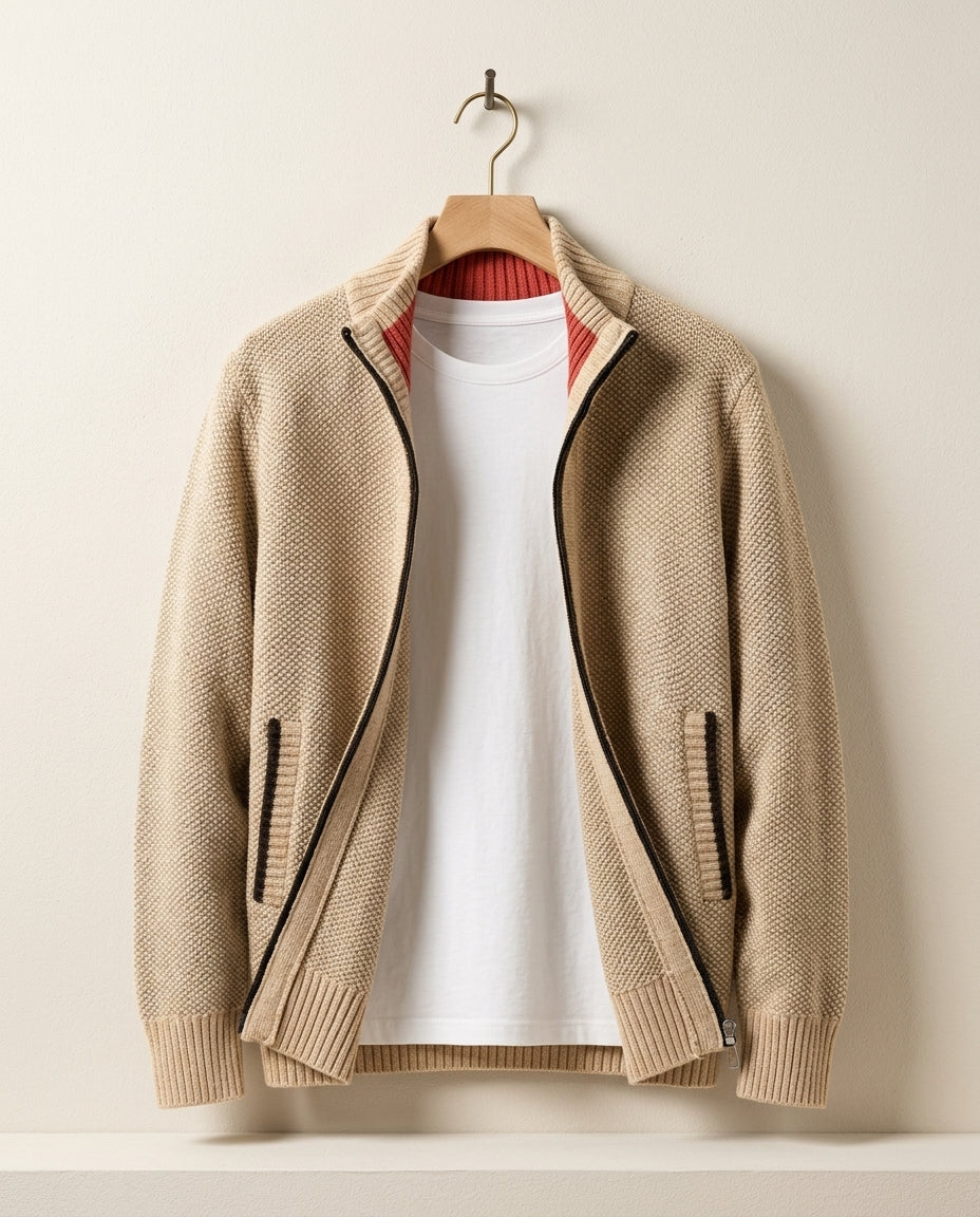 Men's Knit Zip-Up Cardigan with Ribbed Collar