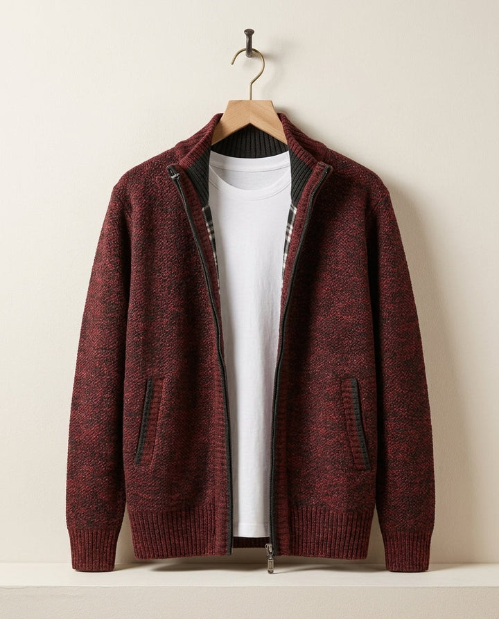 Men's Knit Zip-Up Cardigan with Ribbed Collar