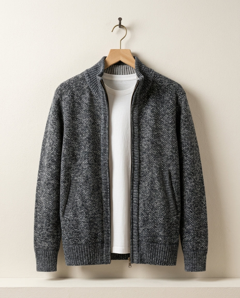 Men's Knit Zip-Up Cardigan with Ribbed Collar