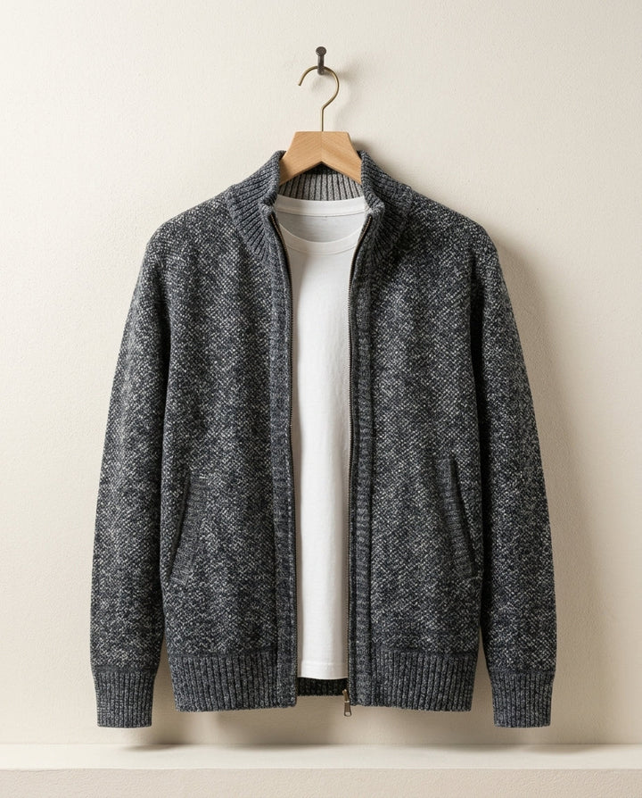 Men's Knit Zip-Up Cardigan with Ribbed Collar
