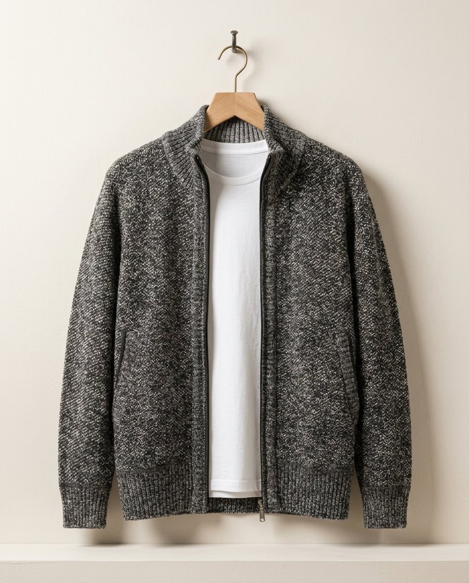 Men's Knit Zip-Up Cardigan with Ribbed Collar