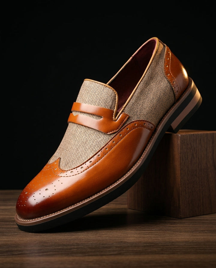 Men's Leather Brogue Loafers with Fabric Panel