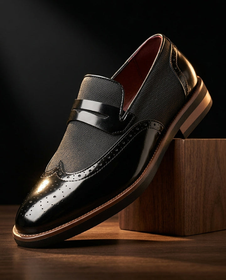 Men's Leather Brogue Loafers with Fabric Panel