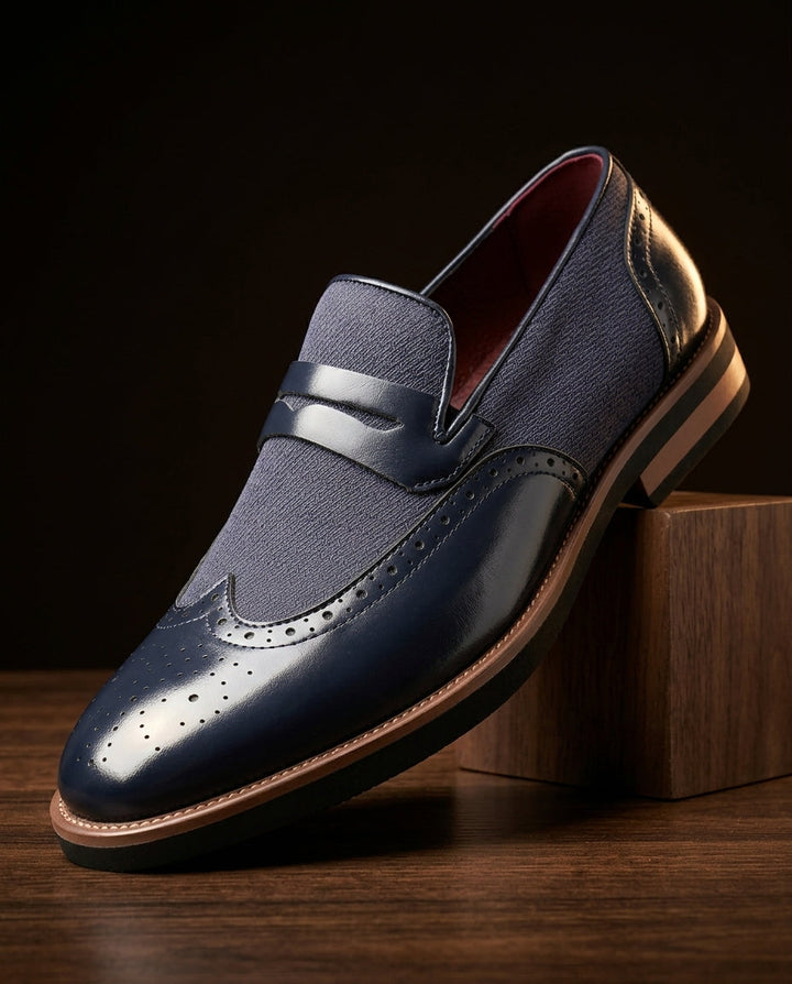 Men's Leather Brogue Loafers with Fabric Panel