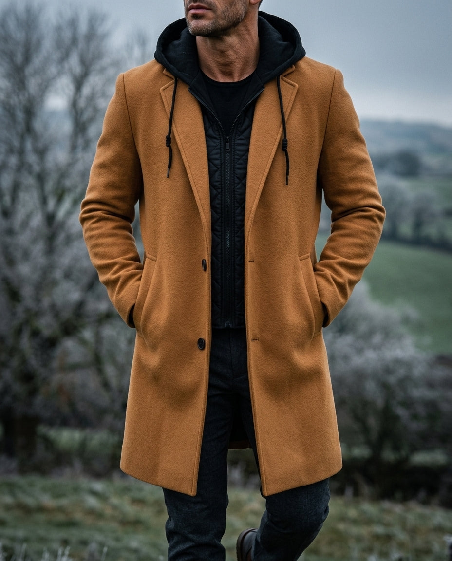 Men's Wool-Blend Longline Coat with Notch Lapel