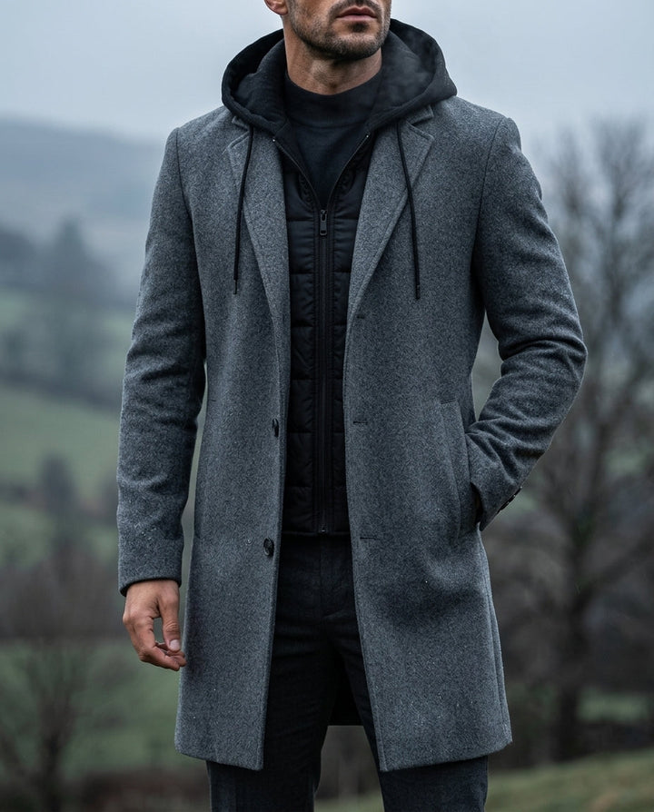 Men's Wool-Blend Longline Coat with Notch Lapel