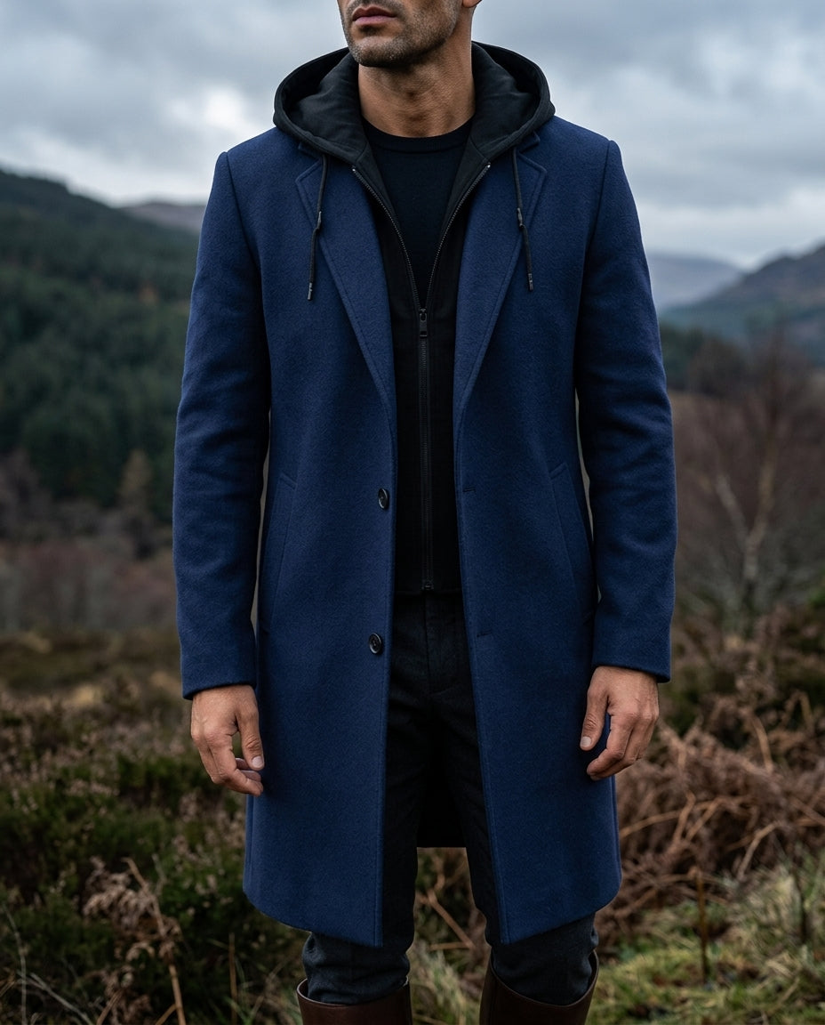 Men's Wool-Blend Longline Coat with Notch Lapel