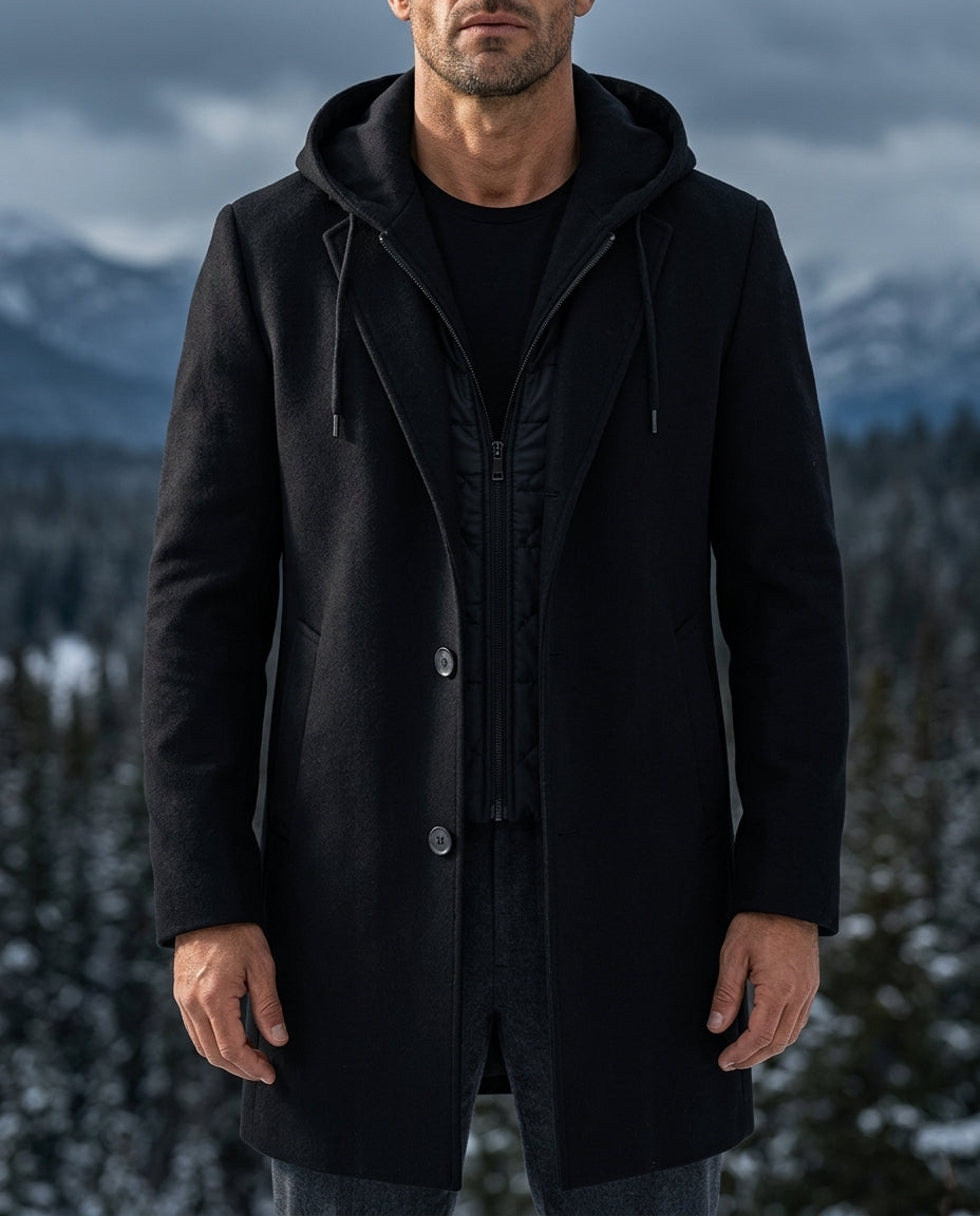 Men's Wool-Blend Longline Coat with Notch Lapel